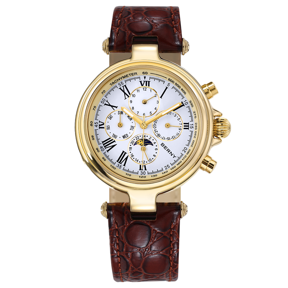 Seiko Watch Prospex - BERNY レトロ自動巻きメンズ腕時計サン&ムーンフェイズ発光 ST1652 クラシック本革高級機械式メンズドレスウォッチ