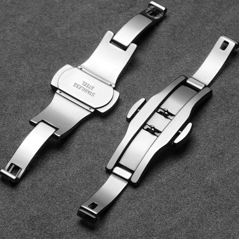 Butterfly Clasp Deployant - バタフライバックル,ダブルプレス,折りたたみ式バックル,ストラップクラスプ,シルバー,時計アクセサリー,6mm x 9mm, 21mm, 23mm, 25mm